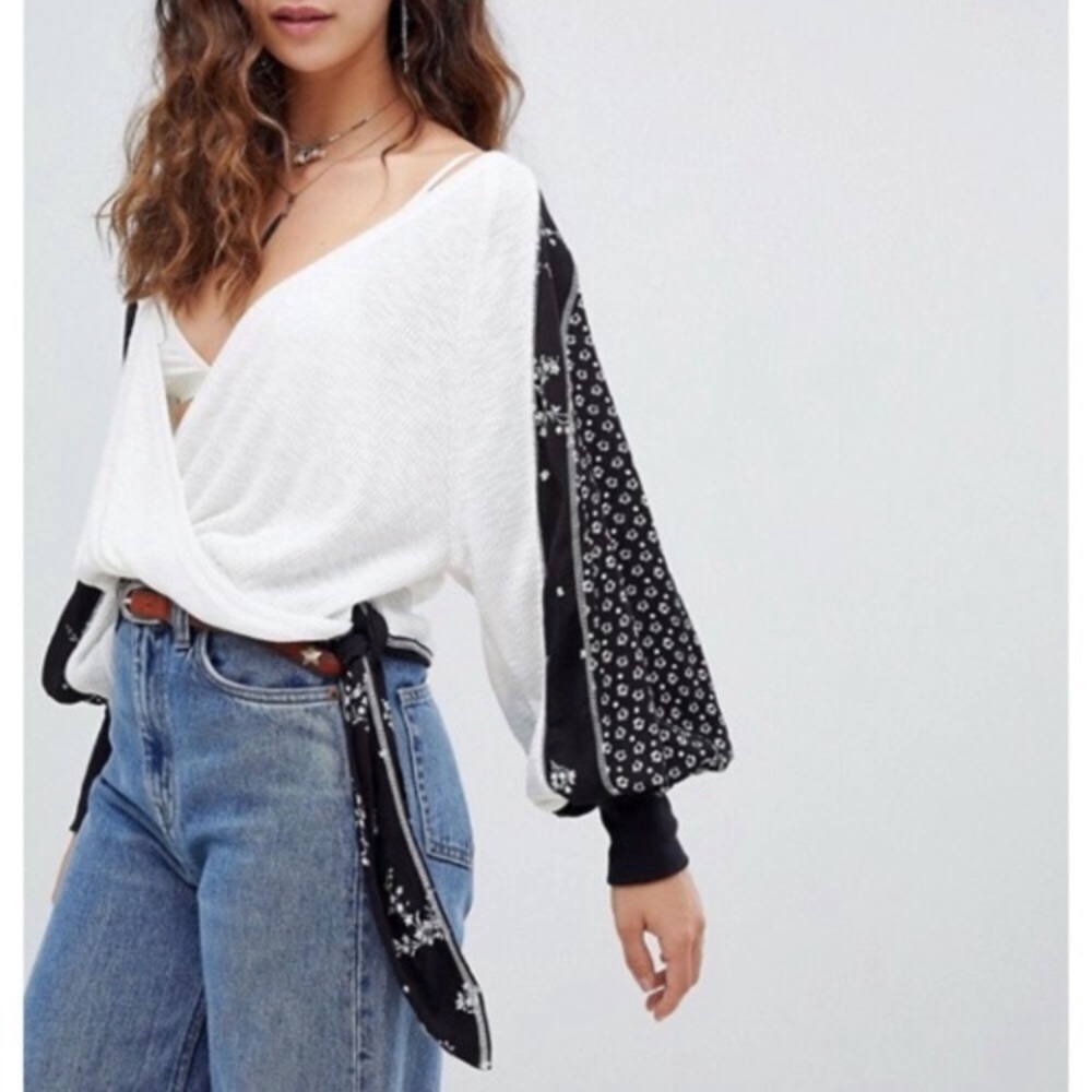 Free People Auxton Mixed-Media Faux Wrap Top Size S NEW
